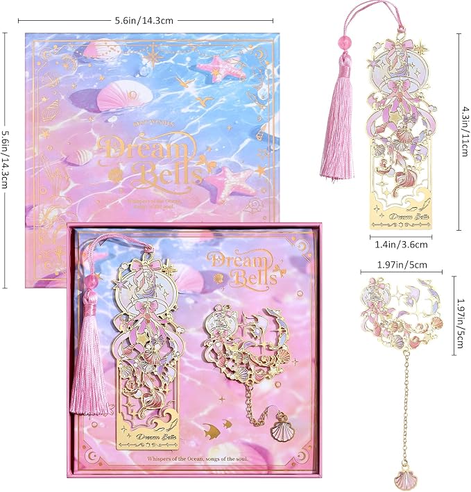 2 Pcs Metal Bookmark Gift Box, Golden Hollow Bookmarks Ocean Painting Theme Book Mark for Women, Book Lovers Writers Readers and Teens, Perfect for Birthday and Graduation Gifts(Pink)