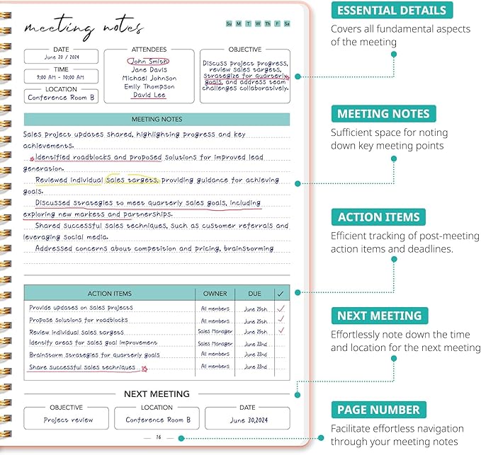 Meeting Notebook for Work Organization - Work notebook with action items, Meeting Minutes Planner Notebook, Perfect Office Supplies for Men & Women - Pink