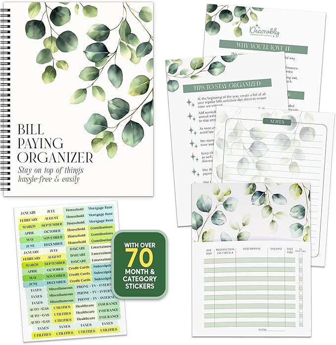 Decorably 14 Pocket Pages Undated Eucalyptus Bill Payment Tracker Monthly Organizer, 9x12in Spring-Bound, with Notes and Stickers for Listing Payments, Expenses and Receipts - Home, Work