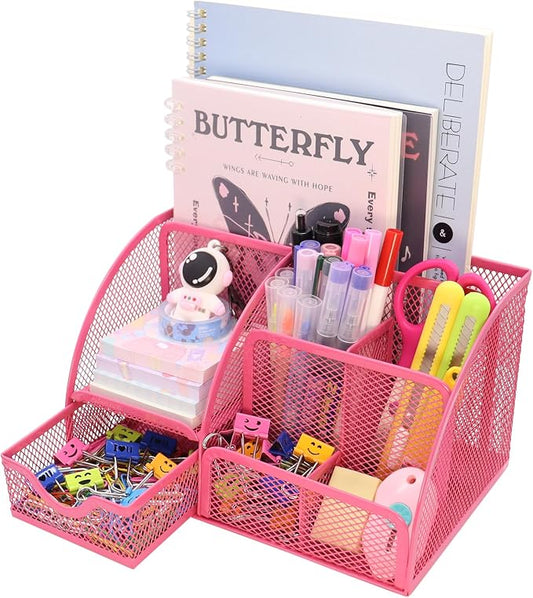 Boutilon Mesh Desk Organizer Desktop Office Supplies Stationary Organizer with 6 Compartments and 1 Drawer Multi-Functional Caddy Pen Holder for Home Office School Desk Decor(Rose Red)