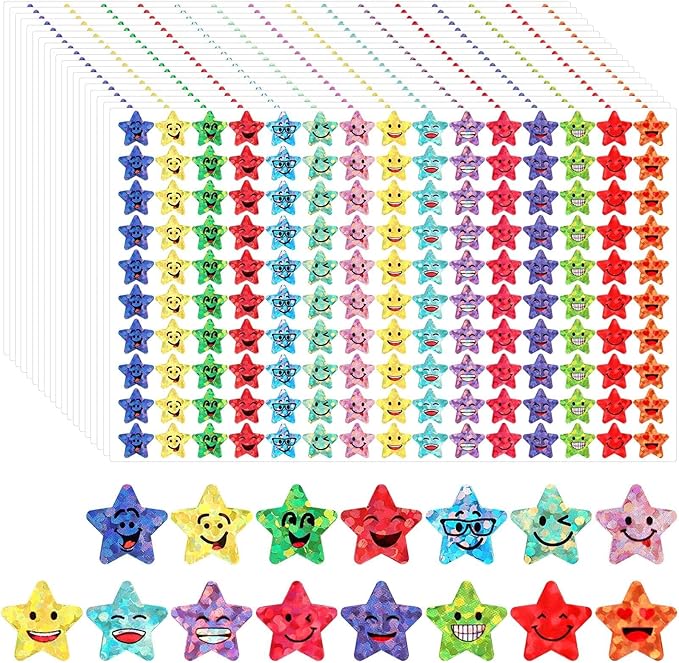Janyun 6750 Star Stickers, 15 Designs Reward Smile Face Stickers for Kids, Glitter Foil Star Labels for School Students Teacher Supplies