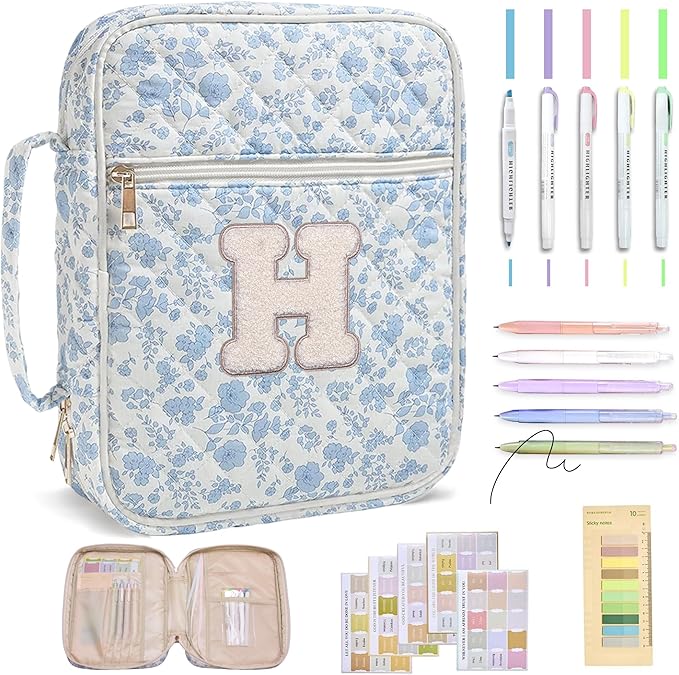 Personalized Initial Bible Cover Case for Women – Large Quilted Bible Bag with Handle, Chenille Letter, Bible Study Kit, Christian Gift for Mom, Grandma & Daughter (Blue Floral-H)
