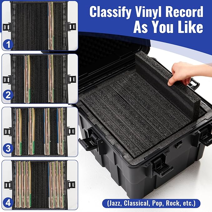 Stackable Vinyl Record Storage Case Box Holds 110 Records | High-Density Protective Foam | Hard Shell Storage Crate with Lid & Handles | Valuable LP Albums Organizer Cases Collection 7/10/12 Inch