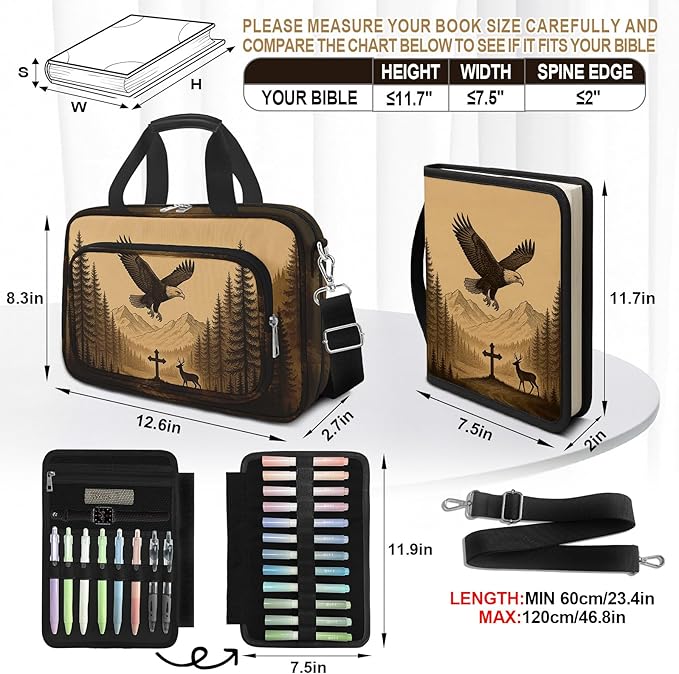Eagle Large Bible Bag with Bible Cover Case for Men Women, Church Bag Book Carrying Case w/Shoulder Strap Handle Zipper Pocket, Bible Study Supplies Journaling Kit Accessories Christian Gift