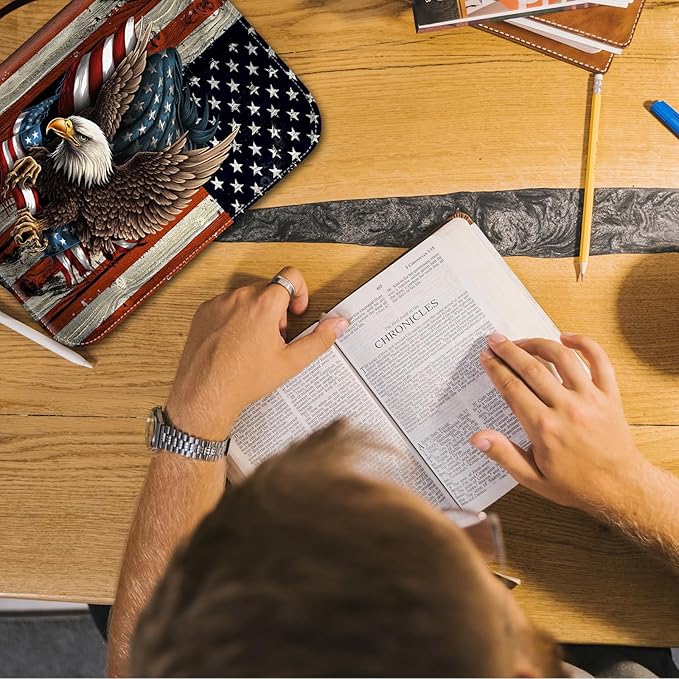 Bible Cover for Men,Large Leather Bible Case Fit Book Up to 11x8x2 Inch,Bald Eagle with Flag Bible Covers Bible Study Carrier Church Bags w/Handle & Zipper
