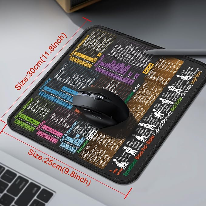 Kinevolve Mouse Pad for Excel Shortcuts – Small Excel Spreadsheet Cheat Sheet Desk Pad – 11.8"x9.8" Portable Computer Mousepad – Gaming, Office, Waterproof, Non-Slip, Stitched Edges