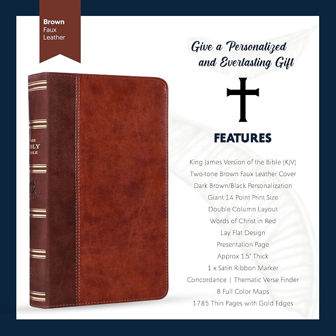 Personalized KJV Holy Bible Faux Leather Premium Holy Bible | Giant Print | Words of Christ in Red | Custom Name at The Lower Right Side | Gift for Christian & Religious Celebrations | Brown