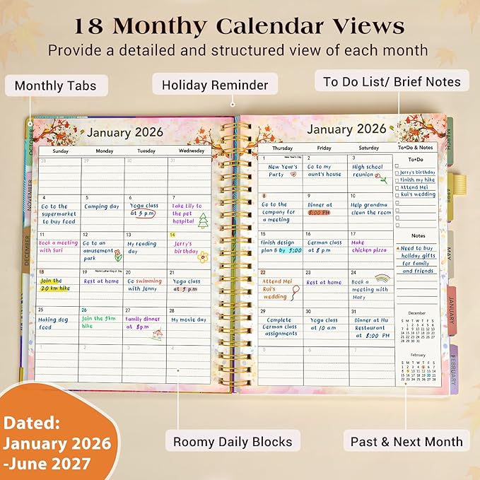 Planner 2026-2027, 18 Months Weekly and Monthly Daily Planner from January 2026 - June 2027, 5.75" x 8.38" A5 Hardcover Agenda Organizer Book 2026 with Tabs, Spiral Yearly Calendar Planners for School Work Home, Colorful Feather