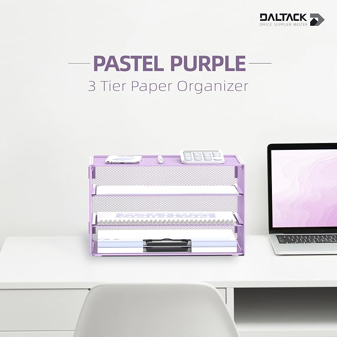 DALTACK 3 Tier Letter Tray Paper Organizer for Desk, Mesh Metal Desk File Organizer with Sliding Trays for Letter/A4 Paper, Mail, Bills & Folders, Light Purple