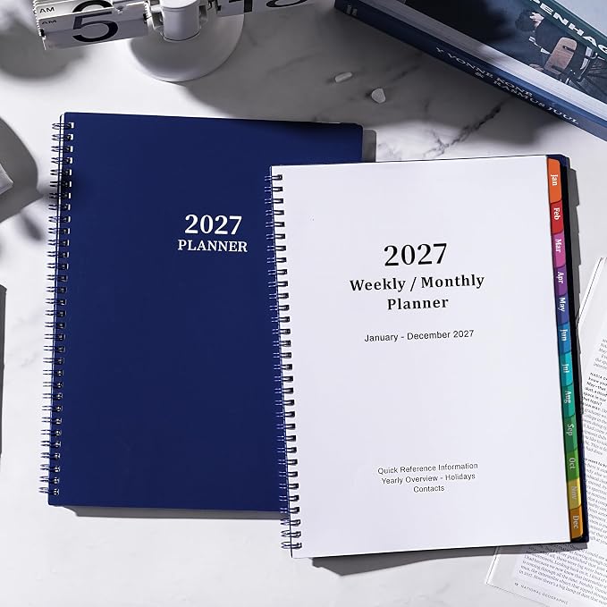 Vondafe 2027 Planner Weekly and Monthly - JAN 2027 - DEC 2027, 9"×11", Calendar Planner 2027, Weekly and Monthly Planner with Polypropylene Cover, Inner Pocket, Colorful Tabs & Thick Paper - Navy