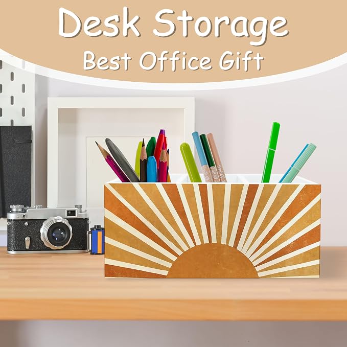 Boho Sun Pen Holder for Office Desk Decor, Sun Wooden Pencil Holder Sign Organizer for Home Office Desk Accessories, Boho Gifts for Women Men