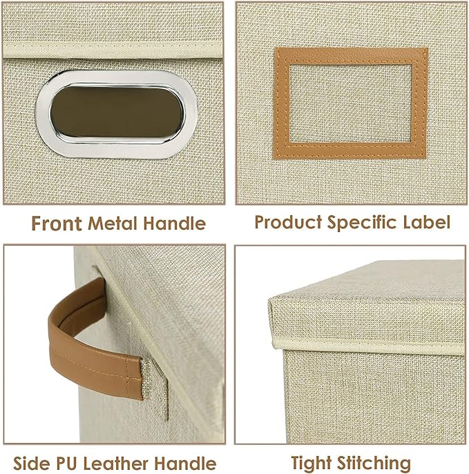 12-Inch Vinyl Record Storage Boxes with Lids and Handles, Stylish and Practical LP Record Organizer for 100+ Single Records, Suitable for Living Room, Study, Concert Hall or Office (Beige, 17"-4 Pack)