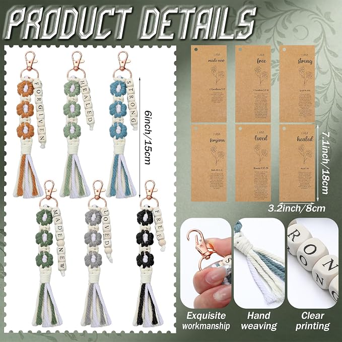 Gerrii 12 Set Back to School Keychains Bulk Christian Gifts for Women Christian Faith Bookmarks with Inspirational Bible Verses Macrame Tassel Keychain Classroom Prize Bible Verse Gift (Dark)