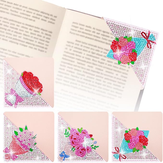 4 Pcs Diamond Painting Bookmark, Flower DIY Corner Book Makers for Adults Book Lovers, Diamond Art Beginners, Small Diamond Art Kits, Art Crafts Supplies Gift for Girls (Flower Valentine)