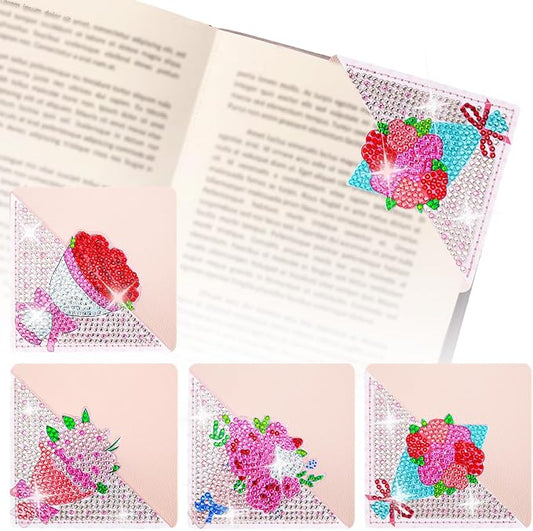 4 Pcs Diamond Painting Bookmark, Flower DIY Corner Book Makers for Adults Book Lovers, Diamond Art Beginners, Small Diamond Art Kits, Art Crafts Supplies Gift for Girls (Flower Valentine)