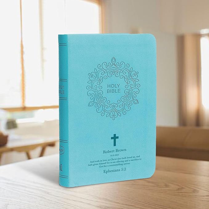 Personalized Custom NKJV Thinline Large Print Holy Bible with Name Includes Up To 3 Rows Of Text with Red-Highlighted Verses, Custom Gift for Christian & Religious Celebrations | Blue