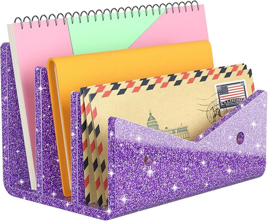 Mail Organizer Envelope Holder - 3 Compartments Glitter Purple Acrylic Mail Holder Countertop Vertical Desk Organizer Small File Bill Document Notebook Letter Sorter for Home School Office