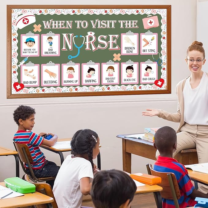 party greeting School Nurse Theme Bulletin Board Set Nurse Classroom Decoration Nursing Paper Cutouts Health Bulletin Board Boarder for Office Wall Art Hospital Medical Healthcare Nurses Day Supplies