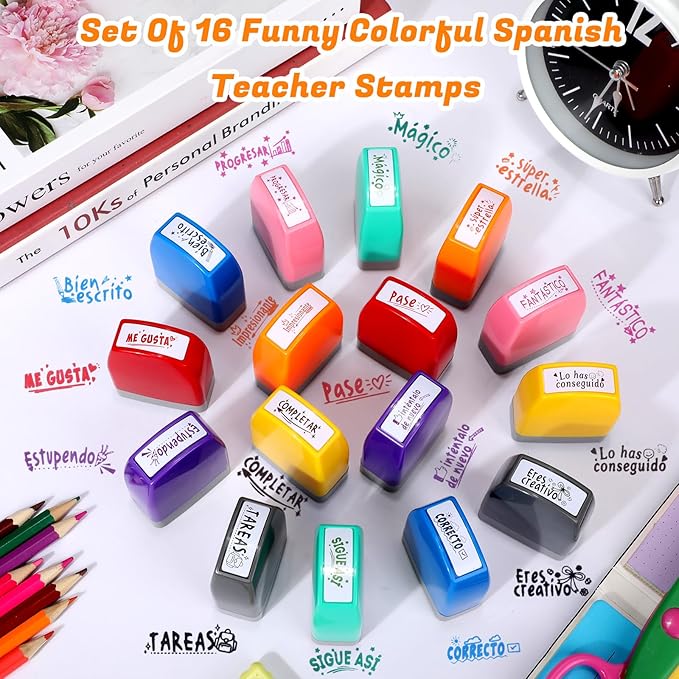 Jetec 16 Pcs Spanish Teacher Self Inking Stamps Teacher Gifts Motivation Grading Stamps for Signature Homework Reward Supplies(Rectangular)