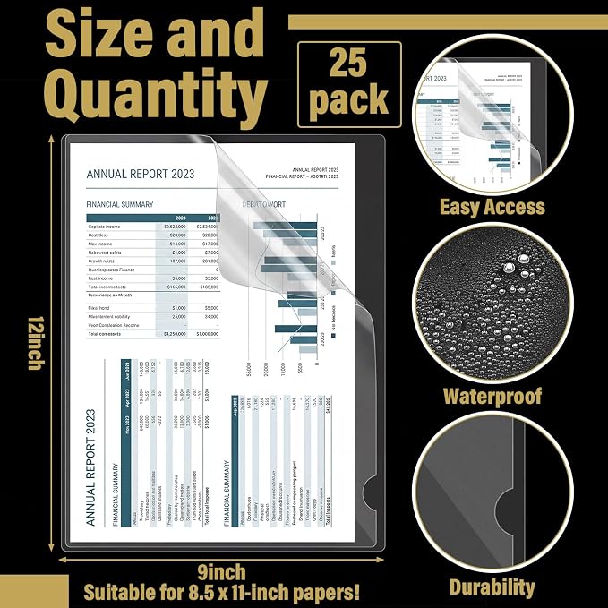 Kisston 25 Pack Clear Document Folders Non-Glare Vinyl Project Folders Letter Size Thumb Cut Clear File Sleeves 9 x 12 Reduced Glare PVC for Paper Protector Office School Classroom Home Travel Study