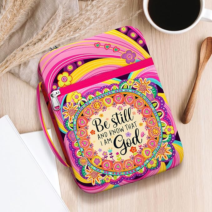 Be Still Bible Cover for Women Girls, Inspirational Bible Case with Handle and Zipper Pocket, Colorful Floral Canvas Bible Bag, Fits Standard Size Bible, Christian Gift for Faith