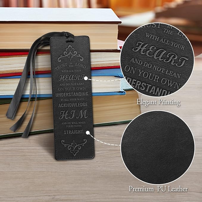 FINPAC Leather Bible Bookmarks, Vegan Religious Bookmarks, Bible Verse Book Markers Church Gifts for Women Men [Trust in The Lord with All Your Heart] - Black