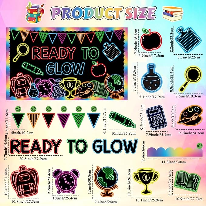Welcome Back to School Bulletin Board Decorations Ready to Glow Inspirational Classroom Bulletin Board Neon Style Paper Cutouts for First Day of School Office Home Teacher Classroom Wall Supplies