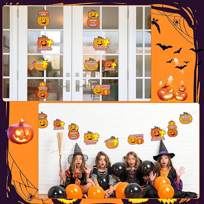 QOUBAI 36PCS Thanksgiving Religious Pumpkin Cutouts Christian Jesus Bulletin Board Fall Halloween Cardboard Door Sign Religious Holiday Wall Decor Kit Autumn Classroom Window Door Party Favor Supplies