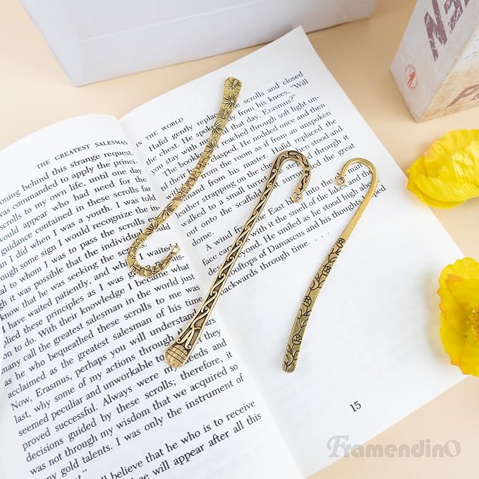 Framendino, 12 Pack Metal Bookmark Antique Tibetan Carved Hook Bookmarks with Loop for Crafting (Gold)