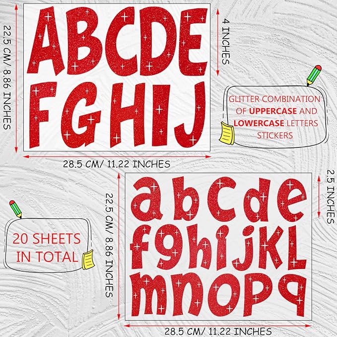 260 PCS Bulletin Board Letters 4 Inch Glitter Large Sticker Letters for Bulletin Board Self-Adhesive Alphabet Poster Board Letter for Classroom Home School Decor(Red)