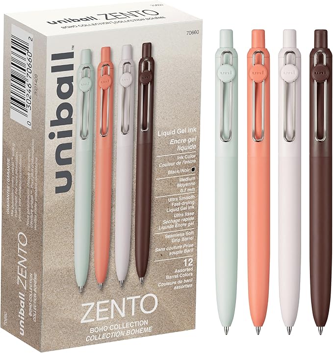 uniball Zento Liquid Gel Ink Retractable Pens, Medium Point (0.7mm), Boho Barrels, Black Ink, Dozen (Pack of 12)