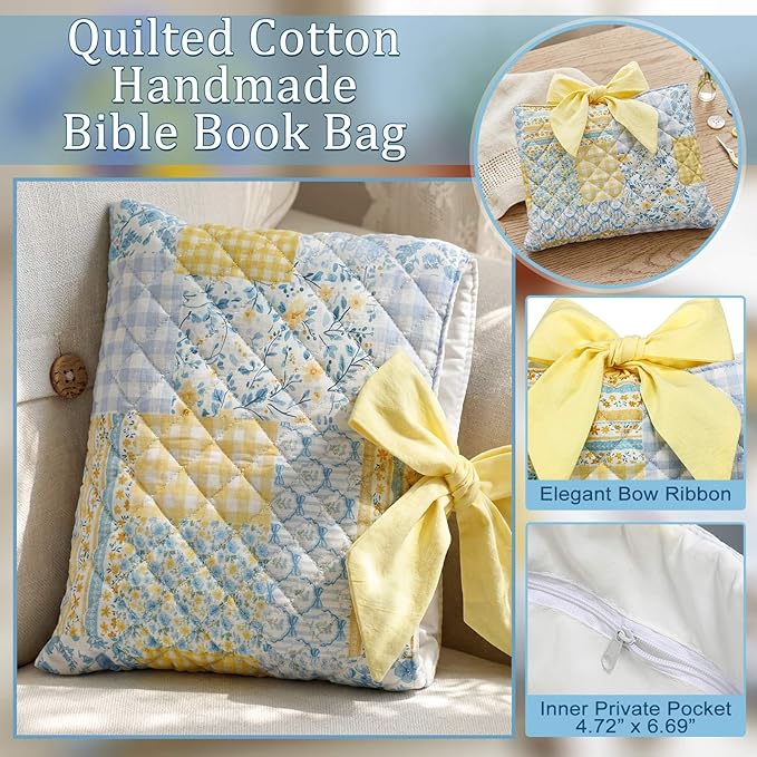 Honoson Quilted Bow Bible Sleeve Cover Case Padded Protector Washable Bible Bag Pouch Christian Gift for Women Girls Book Lover Gifts (Blue Yellow Patchwork)