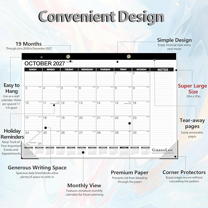 GuassLee Extra Large Desk Calendar 2026, 19 Months Jumbo Desk/Wall Calendar from Jun. 2026 through Dec. 2027, 30 x 20 Inches Hanging Planner with Julian Date, Notes for Home School Office Organizing