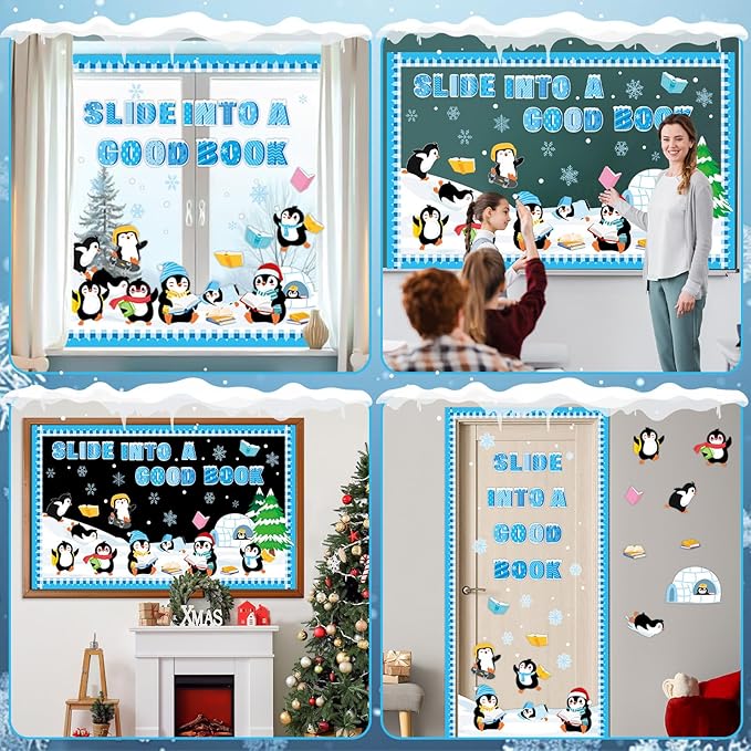 Winter Penguin Reading Bulletin Board Set Winter Christmas Library Classroom Decorations Books Snowflake Paper Cutout Blue Bulletin Board Border for Xmas Holiday School Wall Decor Teacher Supplies