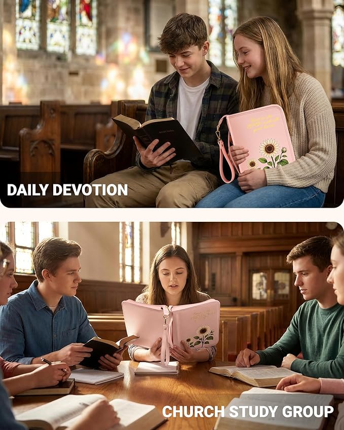 Bible Cover Case for Women, Large PU Leather Bible Bag with Multiple Pockets, Reinforced Handle and Wrist Strap, Zippered Organizer for Bible Study and Church, Gift for Her, Pink