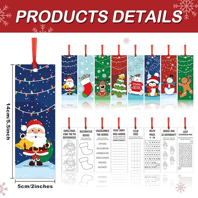 Jetec 80 Pcs Merry Christmas Color Your Own Bookmarks with Ribbon Bulk DIY Coloring Theme Blank Elk Bookmarks with Snowman Christmas Tree Party Craft Supplies Room Decorate (Santa)