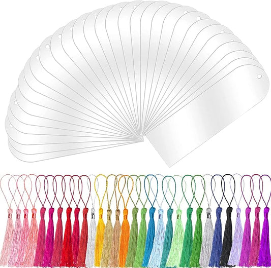 Clear Acrylic Bookmark, BetterJonny 30 Set Plastic Blank Book Page Mark with Colorful Tassels Small Transparent Craft Tags for DIY Classroom Projects and Gift Tag