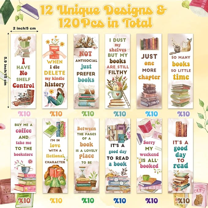 Haooryx Book Lovers Book marks - 120 Pcs Watercolor Paper Bookmark Humor Double-Sided Reading Page Marker Tracker Book Reading Club Party Teacher Supply School Prize Student Reward Kids Birthday Gifts