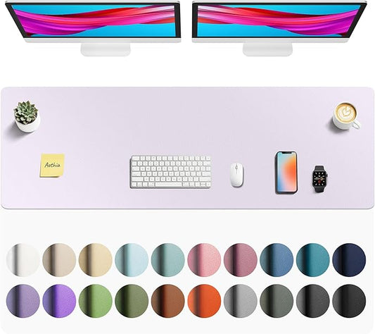 Aothia Faux Leather Desk Mat - Non-Slip PU Leather Desk Blotter, Waterproof Writing Surface, Large Desk Pad for Office & Home (Soft Lavender, 55" x 17")