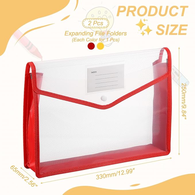 PATIKIL Plastic Expanding File Folders, 2 Pack A4 File Folder Envelopes Letter Size Document Organizer Supplies with Snap Closure for Classroom Office, Red/Yellow, Horizontal