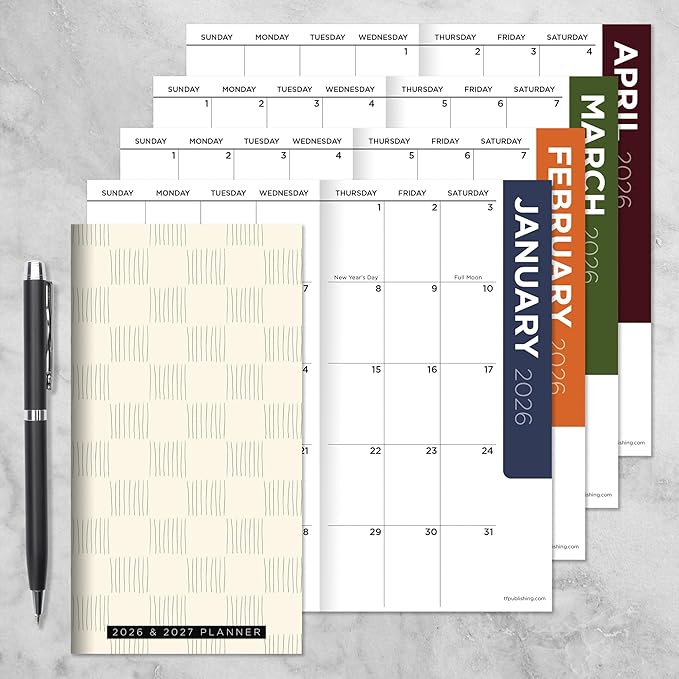 TF Publishing 2026-2027 Checkerboard Small Monthly Pocket Planner with 2 Page Large Calendar Grid and Lined Notes Section - 2 Year Pocket Calendar 2026-2027 Perfect for Purse - 3.5in x 6.5in
