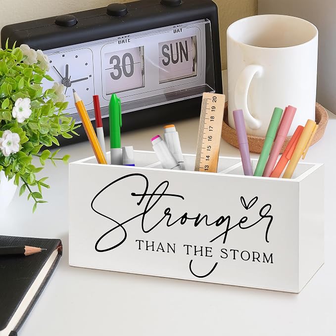 Inspirational Pen Holder, Motivational Office Pen Pencil Holder Organizer for Desk Accessories, Stronger Than the Storm Positive Wooden Box Desk Decor for Home Office Desk Decorations