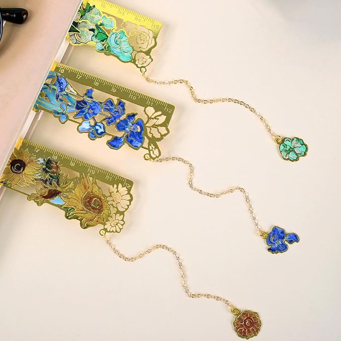3 piece Metal Bookmarks, Art Series Floral-Themed Bookmarks, Metal Hollow Ruler Bookmarks for Book Lovers, Children, Teenagers, Women