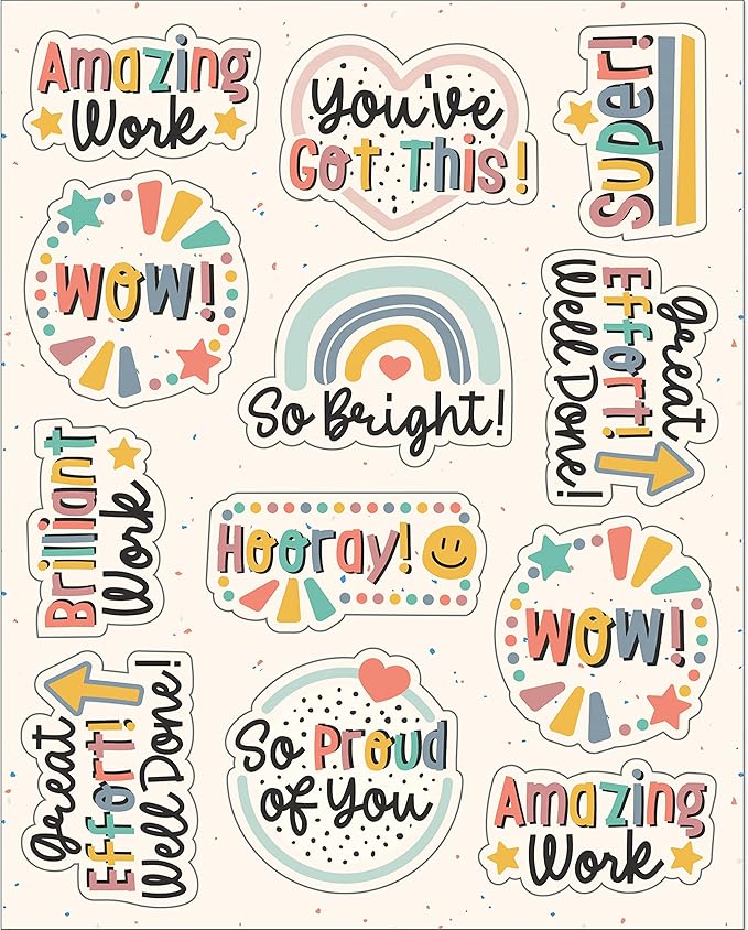 Carson Dellosa We Belong Stickers - 72pc Boho Rainbow, Hearts Neutral Calm Classroom Teacher Motivational Rewards, Awards, Incentives, Prizes, Good Work