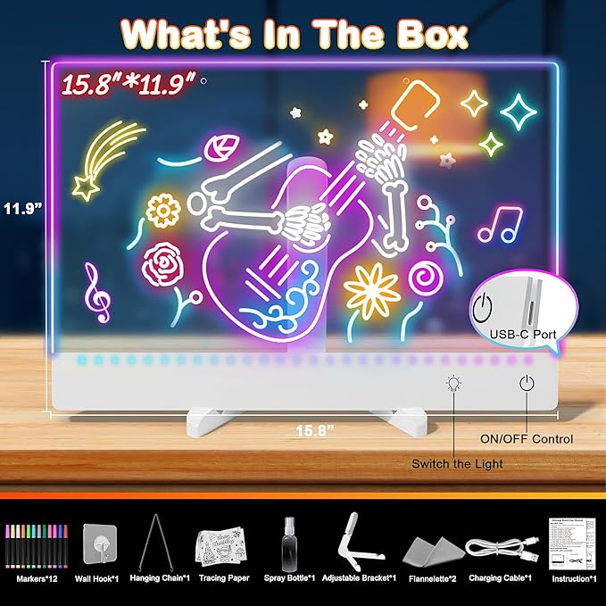 Rechargeable Lumi LED Drawing Board with 12 Markers, Large Size 15.8"x11.9" LED Note Board Acrylic Dry Erase Board with 7 Colors,Doodle Glow Message Board for Christmas Halloween Birthday Gifts(White)