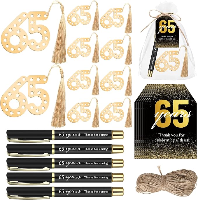 Spakon 25 Set 65th Birthday Party Favor for Guest Anniversary Party Favor Golden Birthday Bookmark Thanks Coming Pen with Tag Appreciation Gifts for Women Men Wedding Anniversary