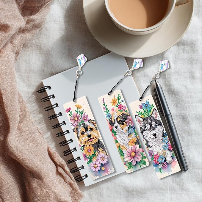 Dog Diamond Art Bookmarks for Adults, 4 PCS Dog Diamond Painting Bookmarks with Pendant, 5D Gem Art Bookmark, Acrylic Bookmark DIY Crafts for Books Decor Gift