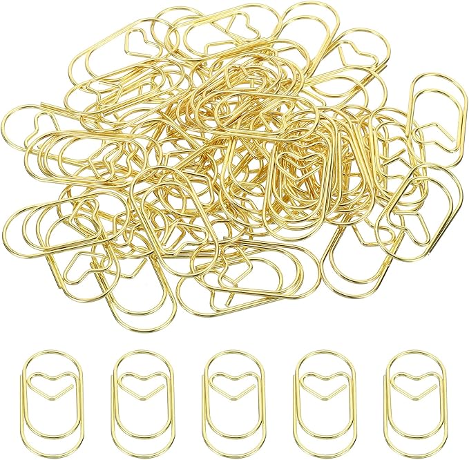 MECCANIXITY Paper Clip Heart-Shaped Cute Decorative Fun Clips Bookmarks 1.2 Inch Gold Tone for Organize Office Home, Pack of 50