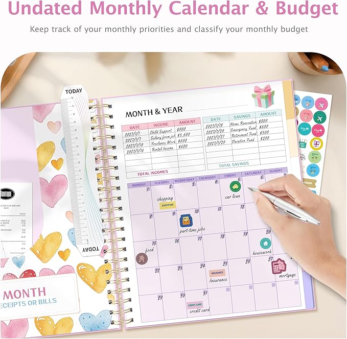 Ospelelf Oversized Budget Planner and Monthly Bill Organizer, Spiral Bindding Money Expense Tracker with Pockets & Stickers, 9" X 11" Large Pages for Spacious Writing, Original Fun Colorful Design, 12 Month Financial Notebook Pink