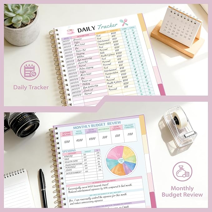 Ospelelf Oversized Budget Planner and Monthly Bill Organizer, Spiral Bindding Money Expense Tracker with Pockets & Stickers, 9" X 11" Large Pages for Spacious Writing, Original Fun Colorful Design, 12 Month Financial Notebook Pink